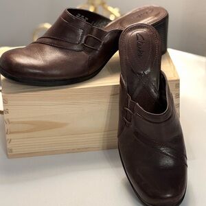 Clarks Brown Leather Mules